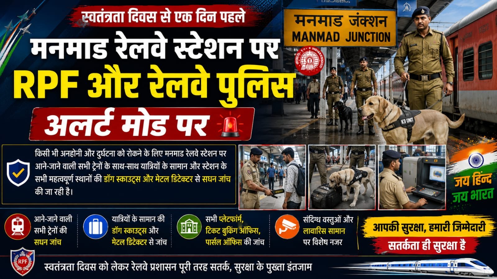 Read more about the article स्वतंत्रता दिवस से पहले मनमाड रेलवे स्टेशन पर सुरक्षा बढ़ी, RPF और रेलवे पुलिस अलर्ट मोड पर