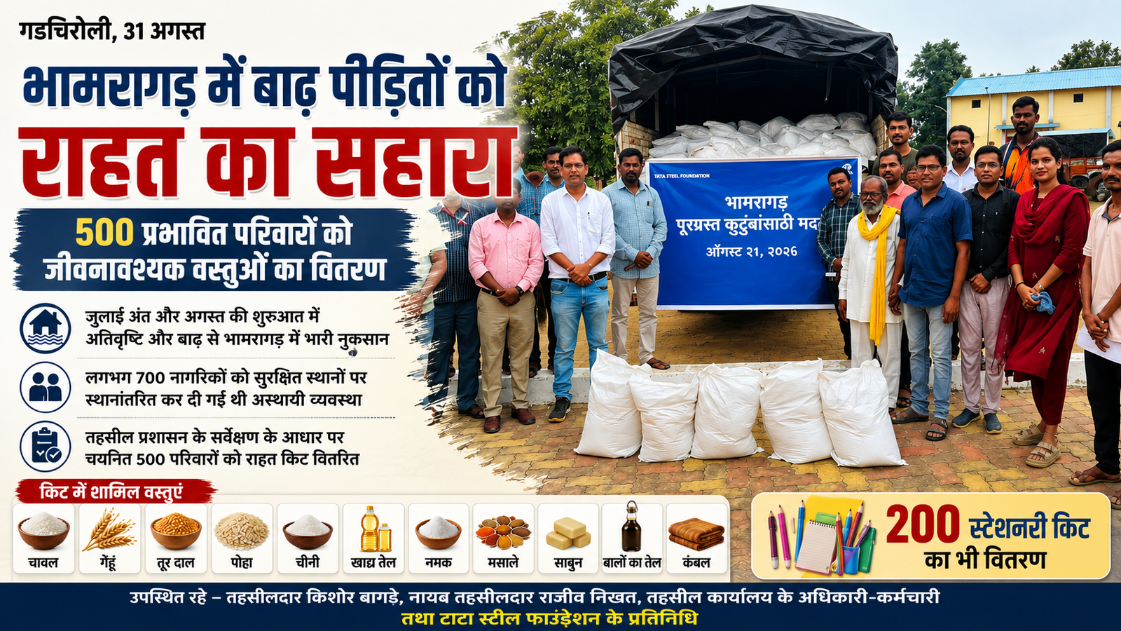 बाढ़ का दर्द, राहत का सहारा: भामरागड़ के 500 प्रभावित परिवारों को जीवनावश्यक वस्तुओं का वितरण