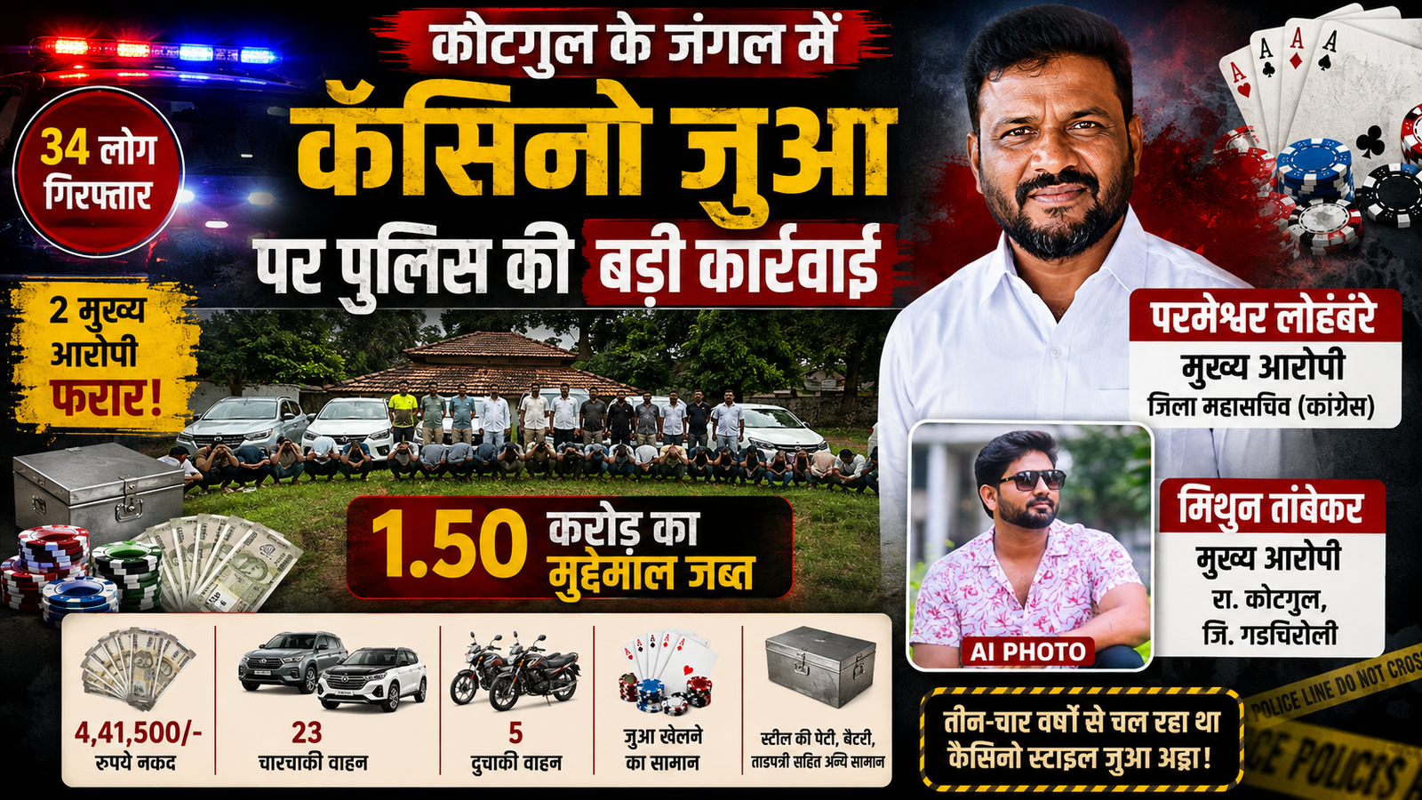 Read more about the article कोटगुल के कैसिनो स्टाइल जुआ अड्डे पर छापा; 34 लोग हिरासत में, दो मुख्य आरोपी फरार