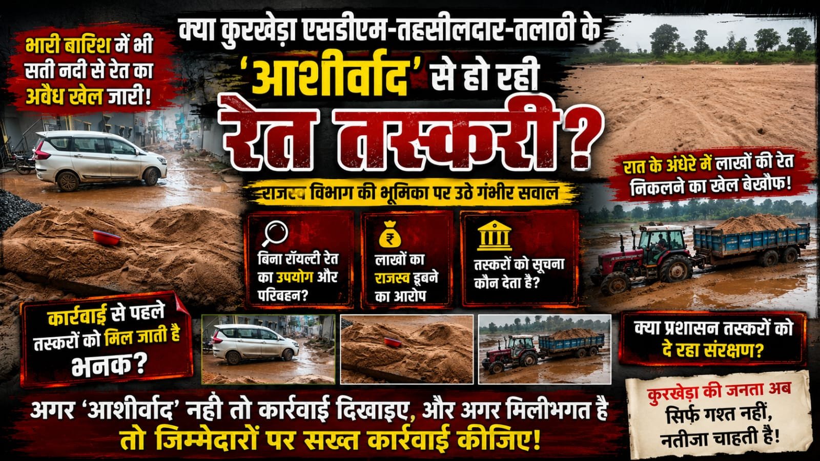 Read more about the article क्या कुरखेड़ा एसडीएम-तहसीलदार तलाठी के ‘आशीर्वाद’ से हो रही रेत तस्करी?