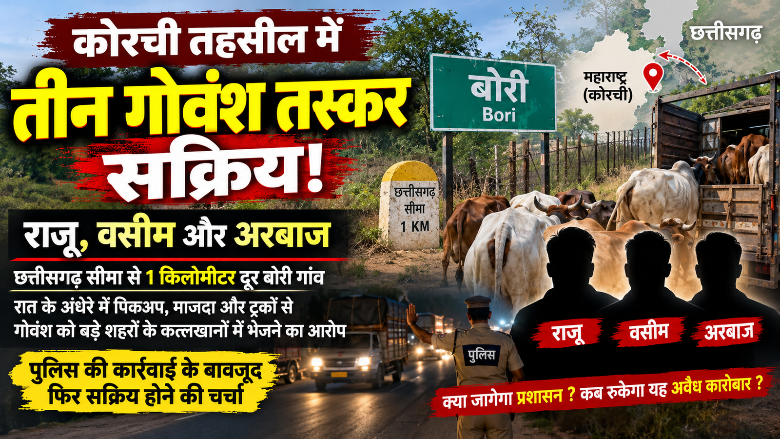 Read more about the article कोरची में गोवंश तस्करी का खेल? बोरी गांव में तीन नामों की चर्चा