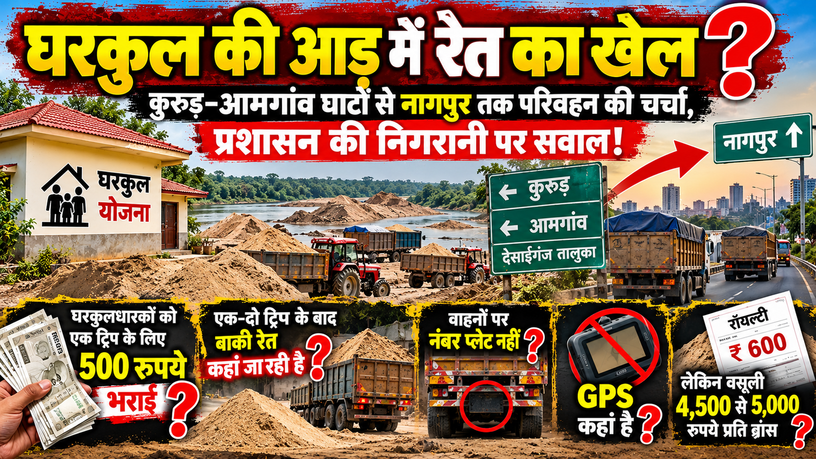 घरकुल की आड़ में रेत का खेल? कुरुड–आमगांव घाटों से नागपुर तक परिवहन की चर्चा, प्रशासन की निगरानी पर सवाल!